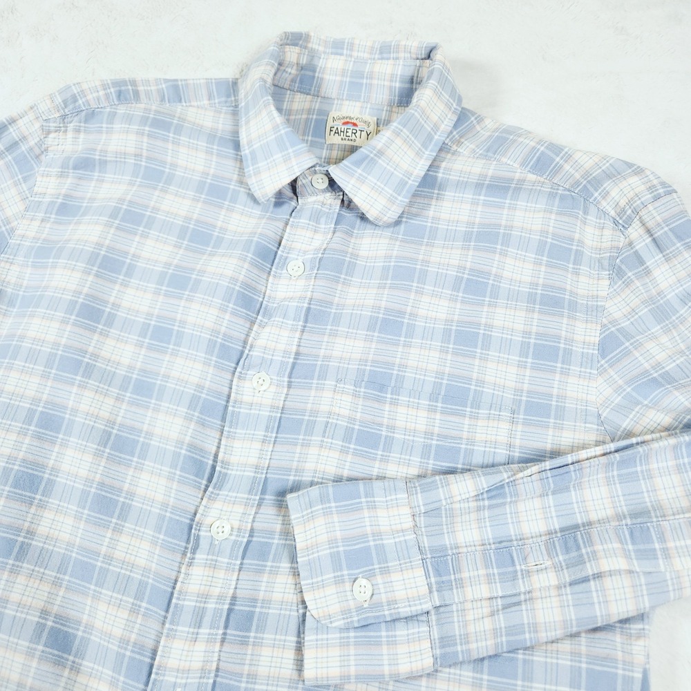 Faherty Button Down Shirt Womens Small Blue Plaid Long Sleeve Pocket Casual